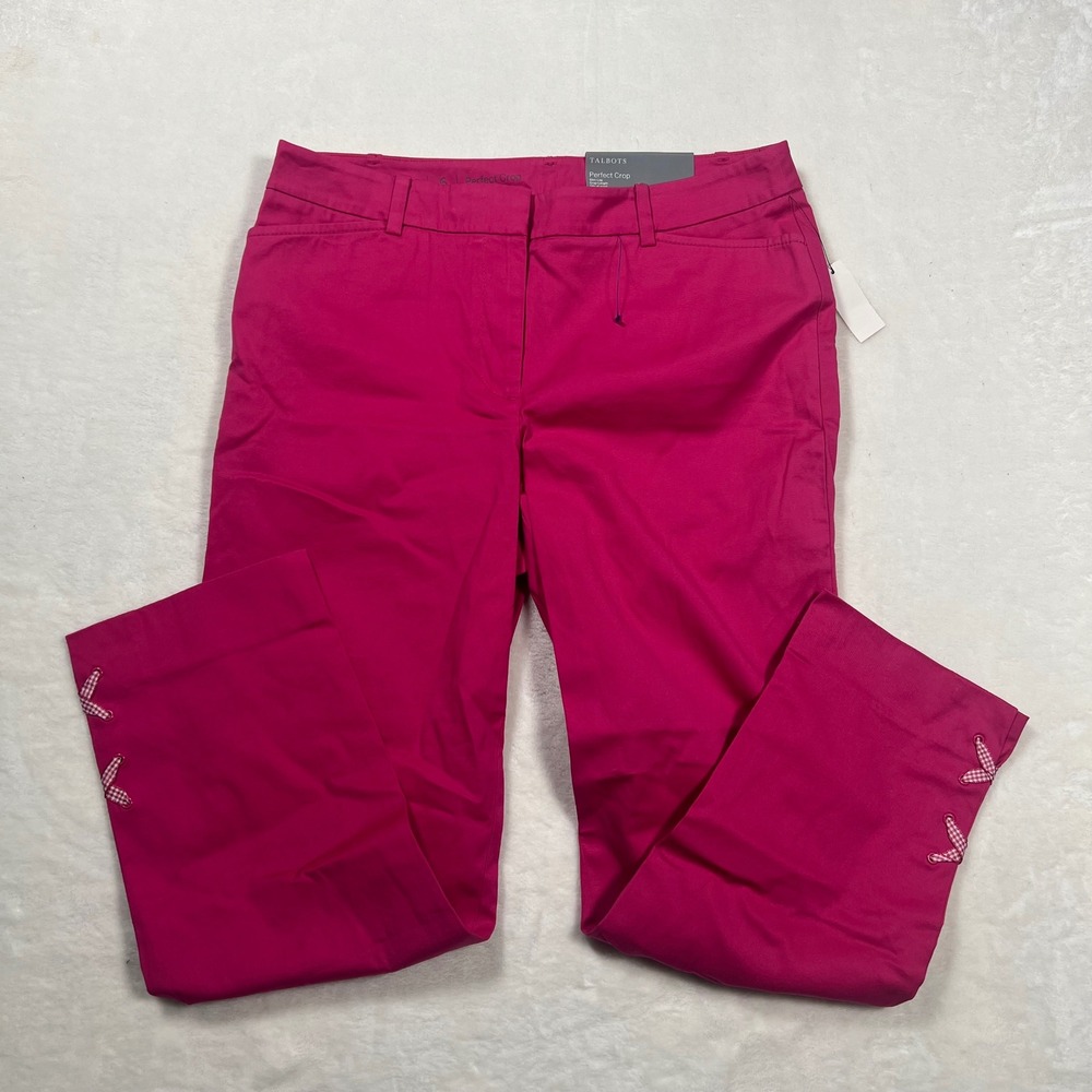 Talbots‎ Perfect Crop Pants 6 Pink Gingham Lace Up Hem Slim Leg Stretch Cotton